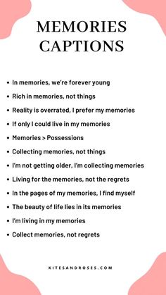 a pink and white poster with the words memories captions