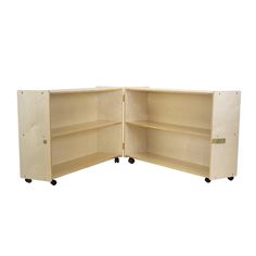 an open bookcase with wheels on the bottom and one section closed to show shelves