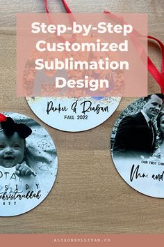 three personalized christmas ornament with red ribbon on wooden table and text overlay