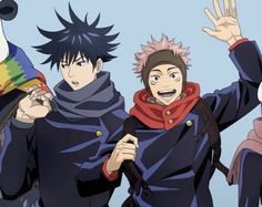 three anime characters with their hands in the air and one is holding up his hand