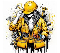 a drawing of a construction worker with tools in his pockets and wearing a yellow hard hat