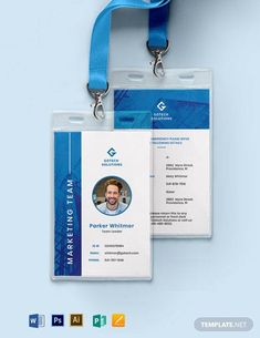 a blue and white id card with a lanyard