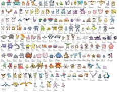 the pokemon characters and their names are shown in this chart, which shows them all different colors