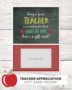 teacher appreciation gift card with an apple on it