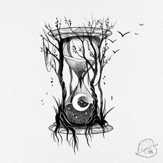 a drawing of an hourglass with trees growing out of it