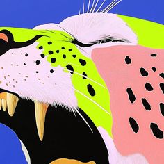 a painting of a leopard with its mouth open and tongue out on a blue background