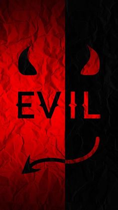 the evil symbol is shown in red and black on a crumpled paper background with an arrow pointing to it's left side