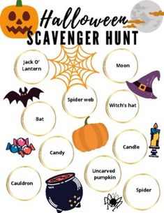 a halloween scavenger hunt with pumpkins, witches and other things on it