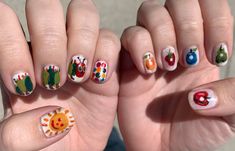 Pill Nail Art, Twee Nails Aesthetic, The Very Hungry Caterpillar Nails, Funky Nail Designs Fun, Silly Nail Art, Over The Garden Wall Nails, Burger Nails, Whimsy Nails, Hungry Caterpillar Nails