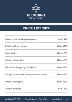 the pricing sheet for plumbing products