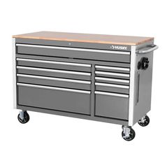 the husky tool cabinet has two drawers and one drawer on casteors, with wheels