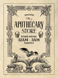 an advertisement for the apothecary store, with skulls and bats on it