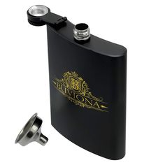 a black flask with the words bruvana on it next to an empty bottle opener