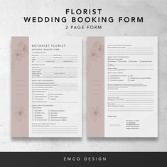 two wedding forms with flowers on them and the text, florist wedding boarding form 2 page form