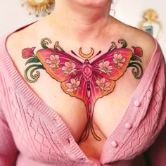 Unique Neo Traditional Tattoo, Pastel American Traditional Tattoo, Moth Tattoos For Women Color, Moth Elbow Bend Tattoo, Pink Moth Tattoo, Colorful Chest Tattoo, Color Moth Tattoo, Amputee Tattoos, Traditional Beetle Tattoo