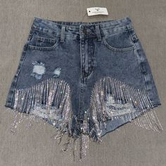 Nwt Never Been Worn Beautiful Jean Shorts With Hanging Rhinestone Detail Super Fun And Cute High Rise Shorts Blue Rhinestone Shorts, Rhinestone Shorts, American Flag Shorts, High Waisted Jean Shorts, Denim Cutoff Shorts, Denim Cutoffs, Distressed Jean Shorts, Blue Jean Shorts, Dark Blue Jeans