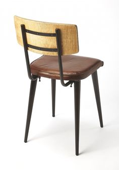 a wooden chair with black legs and a brown leather seat