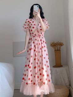 Cute and chic  Strawberry pattern  Mesh details  V-neck  Puff sleeves  Zipper fastening Pink Strawberry Dress, Kpop Dress, Bad Dresses, Puff Sleeves Dress, Printed Beach Dresses, Fashion Chingu, Strawberry Dress, Strawberry Pattern, Drape Maxi Dress