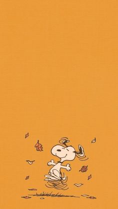 a cartoon dog running through the air with fall leaves on it's back ground