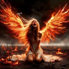 a woman sitting on the ground with fire in her hair and wings above her head