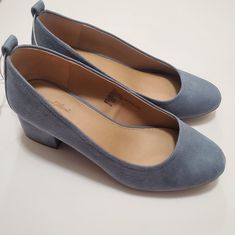 Universal Thread, Lenora, Blue Microsuede Pumps. Features A Rounded Toe, Stacked Heel, And Slightly Padded Footbed. Size 7w (7 Wide). Approximate Heel Height 2". New In Box. Blue Heels For Workwear In Fall, Spring Suede Heels For Work, Blue Suede Casual Heels, Suede Heels For Office In Spring, Casual Suede Heels For Office, Ballet Heels, Closed Toe Heels, Brown Wedge Sandals, Grey Heels