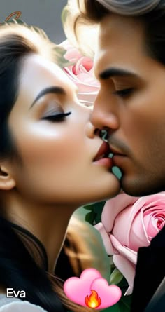 a man and woman kissing each other in front of pink flowers with the caption eva