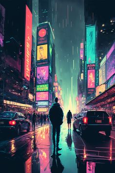 a man walking down a street in the rain with neon lights on buildings and cars