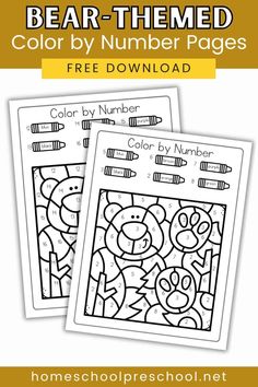 two bear themed color by number pages for kids to print and color with the numbers on them