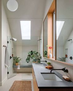 a bathroom with two sinks, mirrors and plants on the counter top in front of it