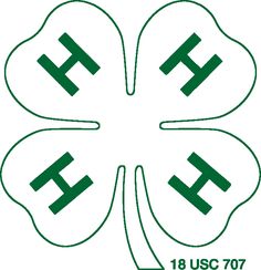 four leaf clover with the letter h on it's center and two black letters below