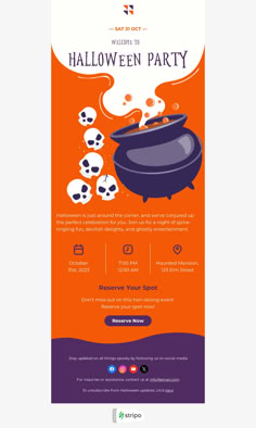 an orange and purple halloween party flyer with skulls in a caulder on it