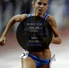 a woman running in the rain with a quote above her head that says, at first you feel like dying then you feel reborn