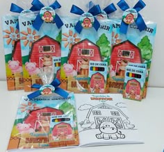 three bags of coloring books with farm animals on them