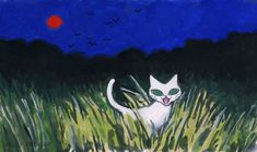 a painting of a white cat with green eyes and tongue sticking out from the grass