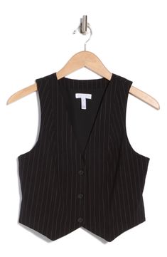 Pinstripes add a lengthening look to this button-front vest that's perfect from desk-to-dinner. 19" length (size Small) Front button closure V-neck Sleeveless Lined 70% polyester, 28% rayon, 2% spandex Machine wash, dry flat Imported Pinstripe Vest, Striped Vest, Striped Vests, Suit Vest, Black Stripes, Nordstrom Rack, Nordstrom, Desk, Spandex