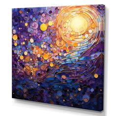 an abstract painting on canvas with circles in the sky and sun shining through it's center