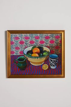 a painting of fruit in a bowl on a table