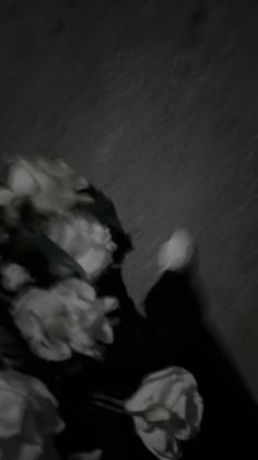 a black and white photo of flowers on the ground in front of a person holding an umbrella