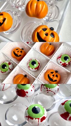 halloween cupcakes decorated with green and orange icing, spooky eyes and mouthballs