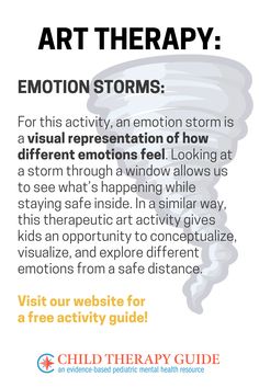 Looking at a storm through a window allows us to see what’s happening while staying safe inside. In a similar way, this therapeutic art activity gives kids an opportunity to conceptualize, visualize, and explore different emotions from a safe distance. Read on to learn how to do it! @ChildTherapyGuide offers free printable therapeutic worksheets, activities, writing prompts, conversation starters, mindfulness exercises, art therapy projects, and more to help teachers, parents, school counselors, psychotherapists, social workers, and the community to better support the mental and behavioral health of children and adolescents. Child Therapy Guide is an evidence-based pediatric mental health resource and blog. Art Therapy Activities For Kids, Parent Child Interaction Therapy, Child Therapy Activities, Therapeutic Art Activities, Therapeutic Worksheets, Art Therapy Directives, Kids Therapy, Therapy For Kids, Children's Mental Health