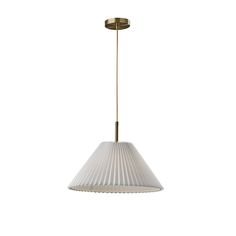 a white and gold pendant light hanging from a ceiling fixture with a circular metal rod