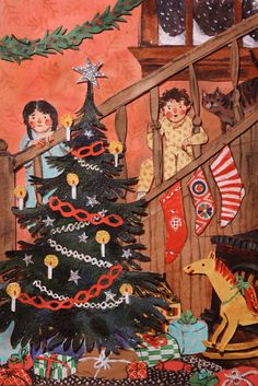 a painting of children decorating a christmas tree