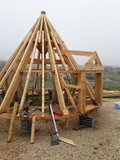 a small wooden structure sitting on top of a gravel field