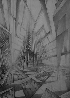 a pencil drawing of an empty room with lots of windows