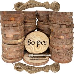 a bunch of wood slices stacked on top of each other with the words 80 pcs in front of them