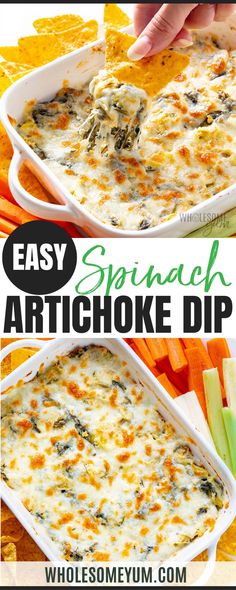 an easy spinach artichoke dip recipe with carrots and celery