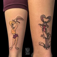 two cartoon tattoos on the legs of people with bunny and rabbit tattoo designs on them