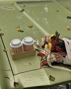 two coffee cups are sitting on the hood of a green car with flowers and leaves