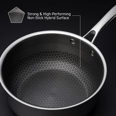 an image of a frying pan with the words strong & high performing non - sick hybrid surface