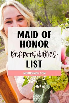 a woman sitting on a bench with flowers in her hand and the words maid of honor